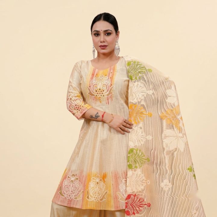 Beige Anarkali with a sheer organza dupatta