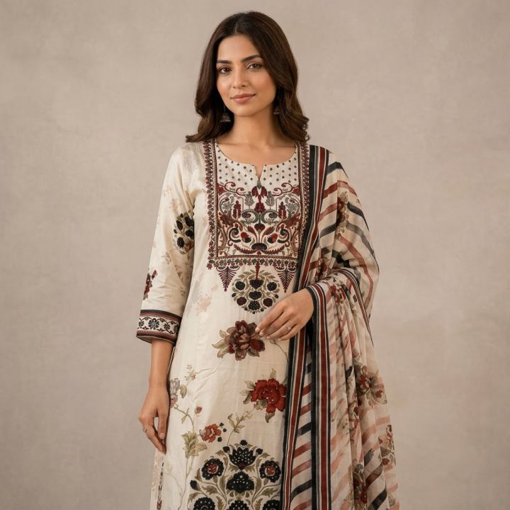 Ivory kurta with Kalamkari-style block print
