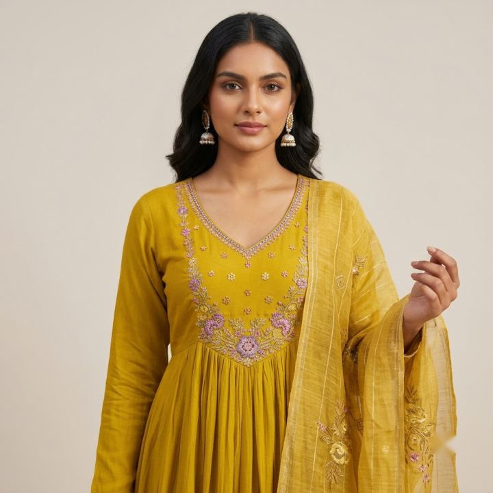Mustard Anarkali with gota lace border and embroidered neckline
