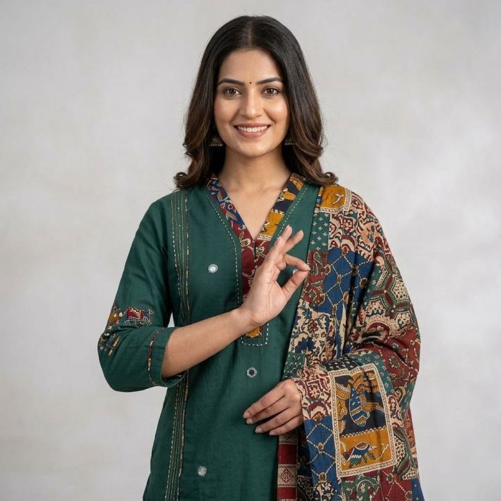 Close-up of an orange kurta with mirror and thread work on the yoke
