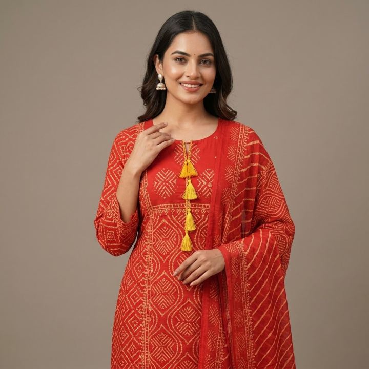 Red bandhani kurta with orange tassels