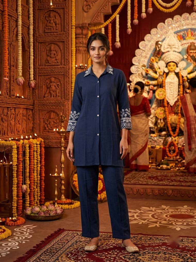 Navy co-ord, embroidered cuffs