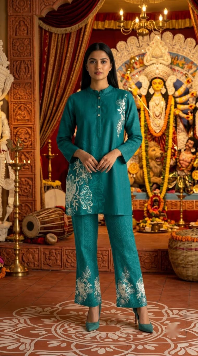 Teal co-ord set with floral thread work