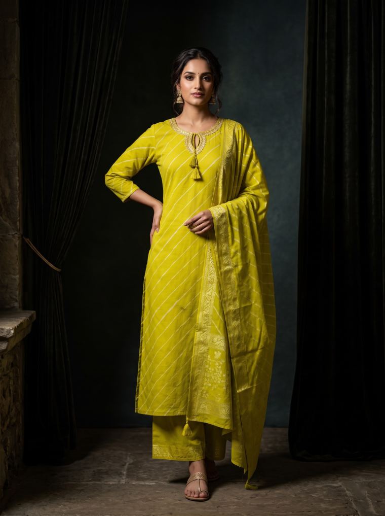 Lime kurta with leheriya print and tassel tie