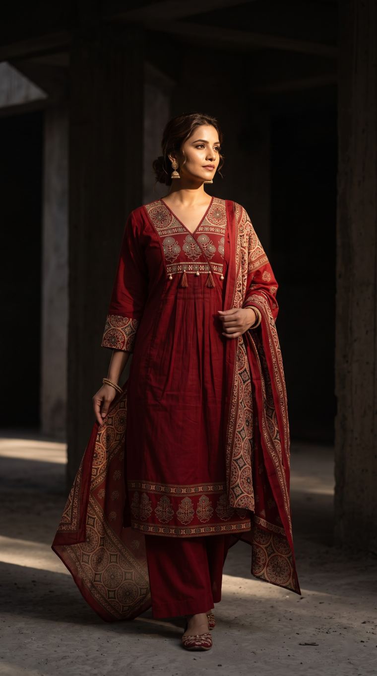 Maroon A-line kurta set with embroidered yoke and Ajrakh dupatta
