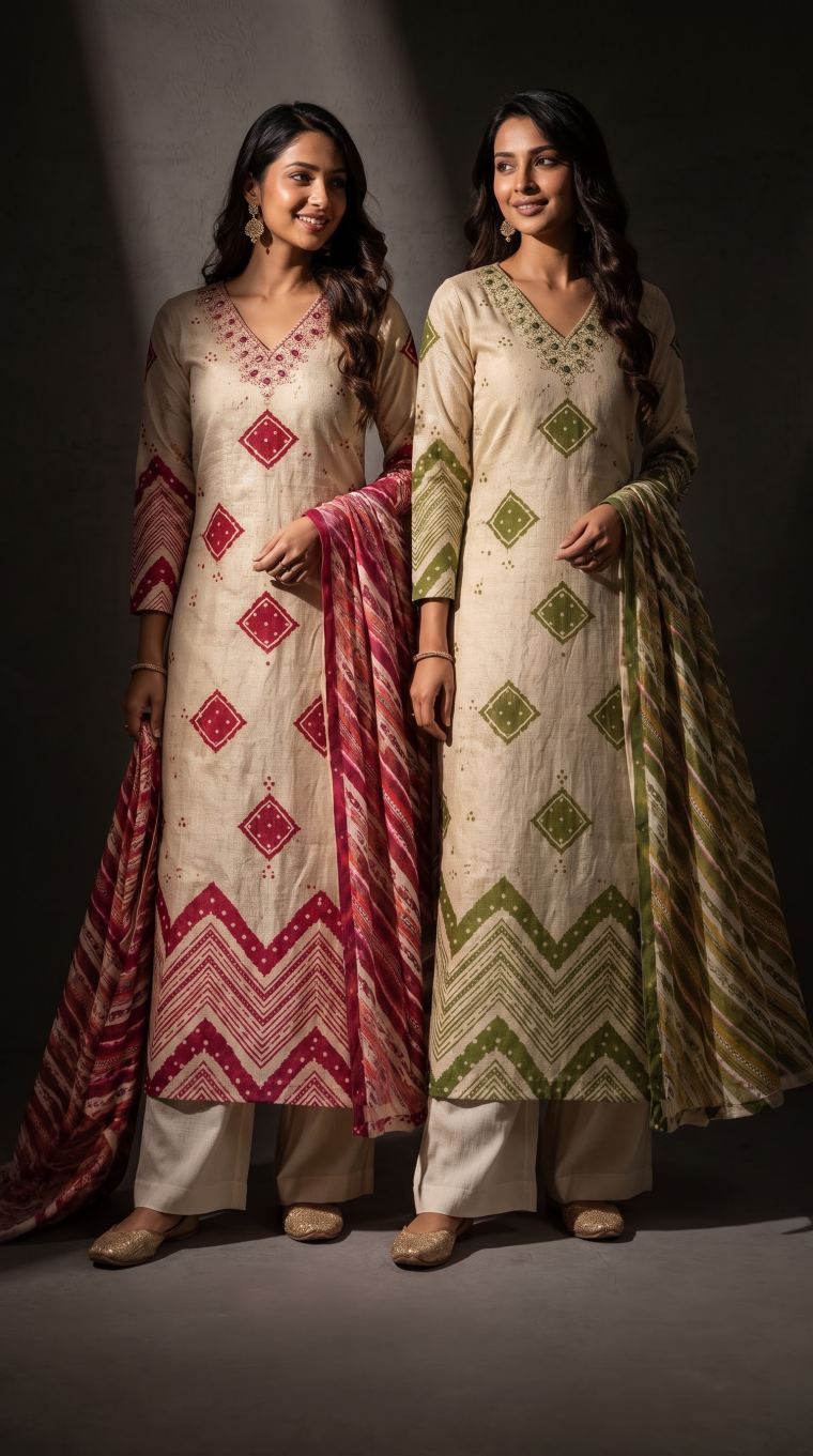 Two women in ivory kurta sets with geometric embroidery and printed dupattas