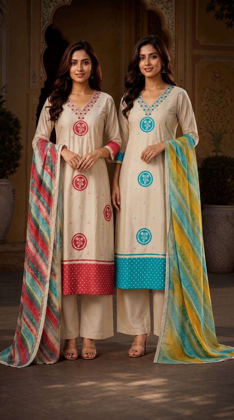 Two women in ivory kurta sets with colourful embroidered yokes and striped dupattas