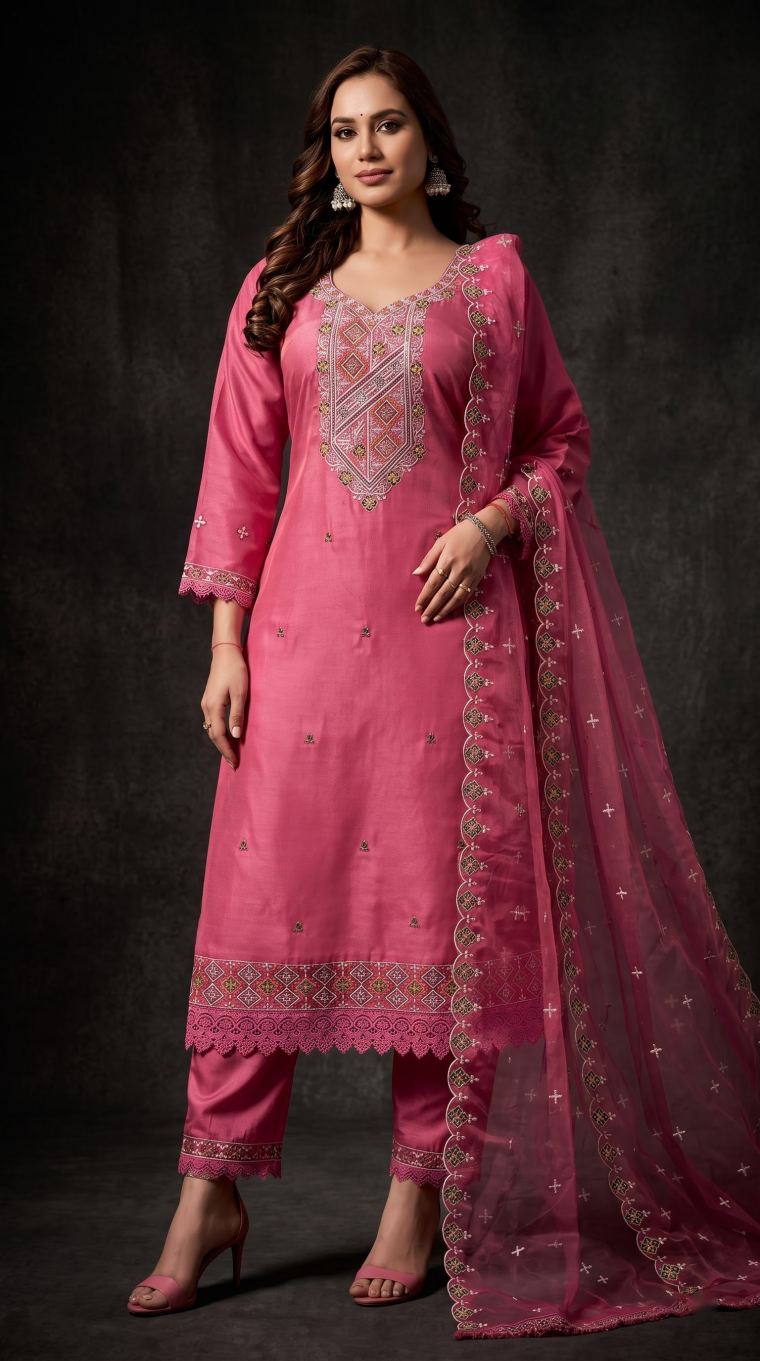Rani pink kurta set with embroidered yoke and zari dupatta