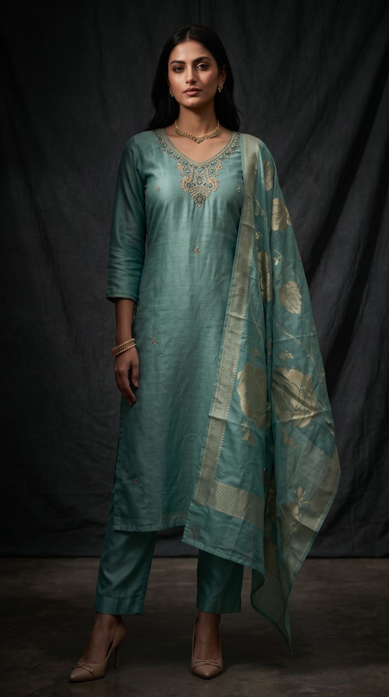 Sea green kurta set with zari dupatta